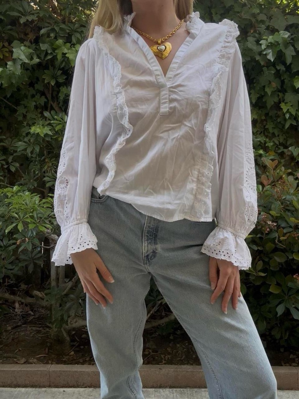 White Eyelet Ruffle V-Neck Blouse - Women's Top